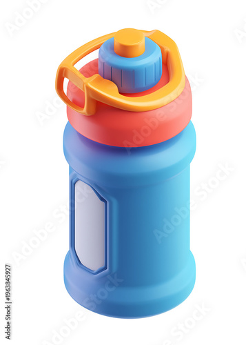 A colorful plastic water bottle with a screw-on cap and handle sits on a surface.