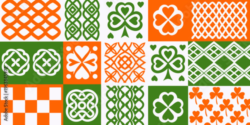 Colorful geometric patterns featuring clovers and traditional irish designs