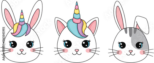 Cute vector illustrations featuring adorable cartoon animal faces a whimsical unicorn cat, a charming pastel bunny, and a sweet striped rabbit, perfect for kids' designs