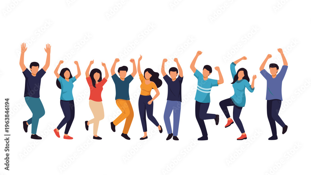 Obraz premium Large group of happy young people jumping and celebrating together against a white background for success or party concepts.