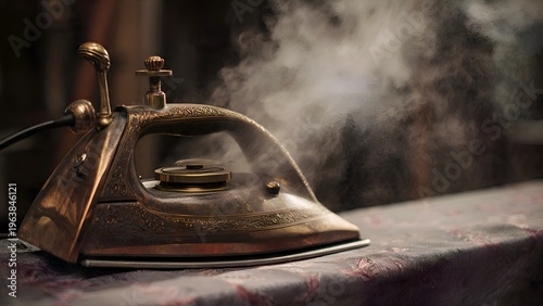 Vintage steam iron emitting a plume of steam, resting on an ornate fabric surface