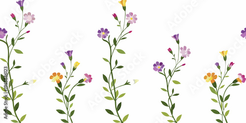 Delicate wildflower stems with colorful blooms in a repeating pattern