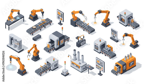 Industrial automation isometric illustration set with robotic arms factory machines and conveyor production line elements for industry 4