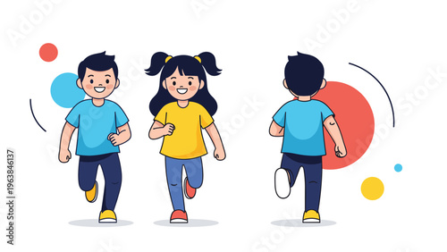 Three illustrations of young children running and playing with colorful circles and dots on a white background.