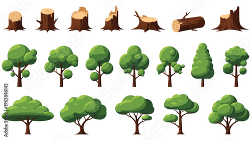 Collection of different tree illustrations and forest elements including green trees, stumps, and a fallen log.