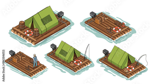 Set of isometric wooden rafts on water with various items like tents, fishing gear, and a man in overalls.
