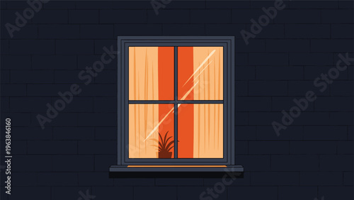 Four pane window at night with orange light shining through curtains and a silhouette of a plant on the sill.