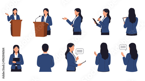 Comprehensive set of female speaker characters in various poses including speaking at a podium and giving public presentations.