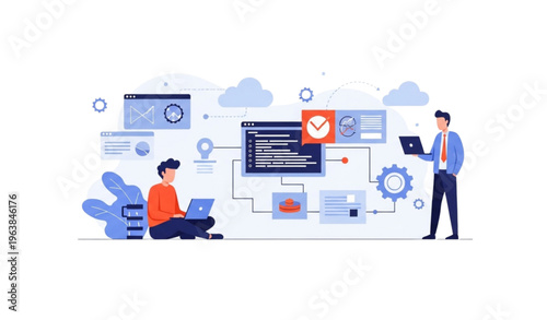 Programmer and devops manager web banner concept with software development coding and workflow automation illustration