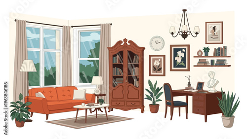 Elegant vintage living room and home office with a red sofa, wooden desk, classic cabinet, and large window view.