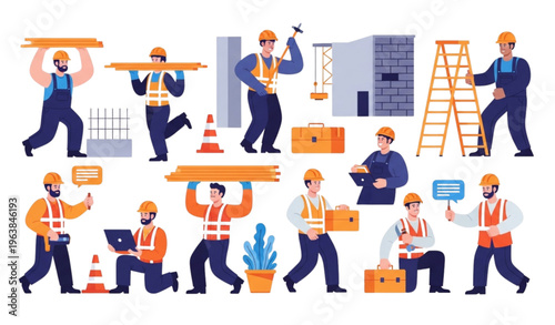 Cartoon construction workers and engineers set with helmets tools and equipment for building industry and safety design