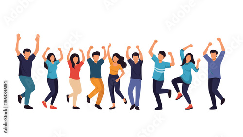 Large group of happy young people jumping and celebrating together against a white background for success or party concepts.