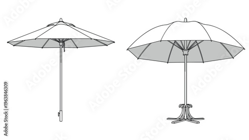 Large outdoor patio and beach umbrellas displayed with both closed and open frames for professional summer season sun protection design assets.