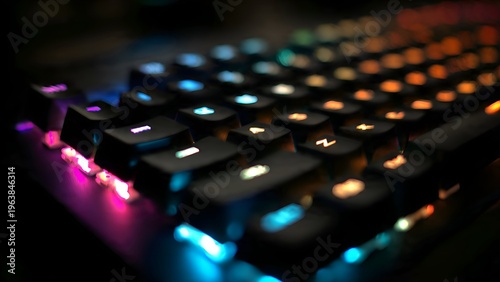 Close up of a colorful backlit mechanical keyboard with RGB lighting for gaming or typing