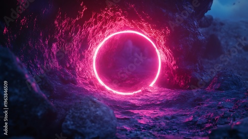 Glowing neon portal in rocky environment with dramatic lighting