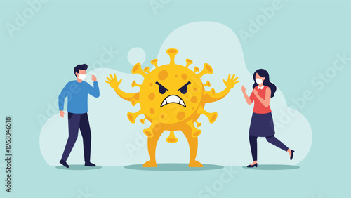 Metaphorical illustration of two people wearing masks and a giant angry yellow coronavirus representing the global pandemic health crisis.