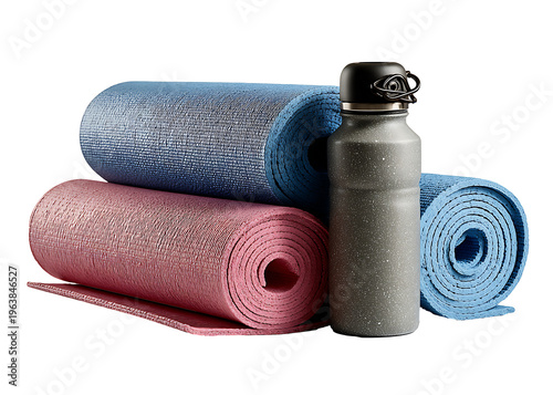 Yoga mats and water bottle on a fitness surface indoors
