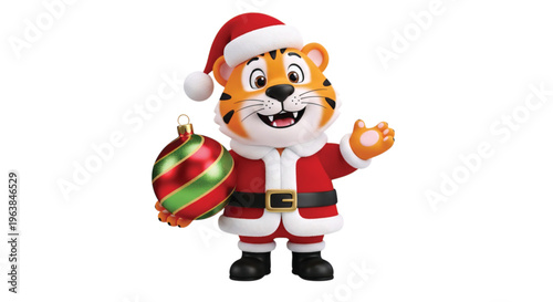 Charming 3D rendered tiger mascot in a cheerful Santa hat and suit, happily presenting a shiny red and green Christmas ornament, embodying the spirit of winter holidays and festive joy