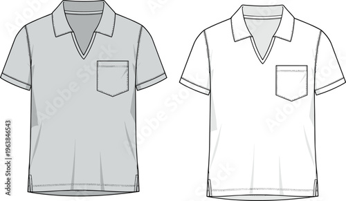 short sleeve polo shirt mockup, front view variations, pocket design apparel template, realistic casual clothing fashion garment illustration