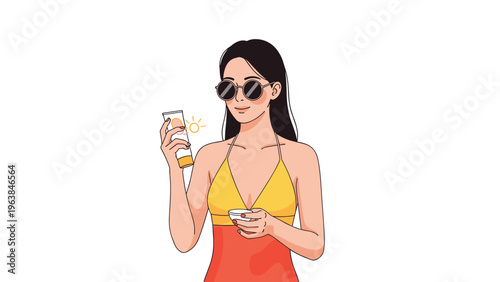 Beautiful young woman wearing sunglasses and a yellow bikini applying sunscreen lotion from a tube for skin protection and skincare.