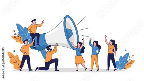 Creative illustration of a group of people working together with a giant megaphone to communicate an important public announcement.