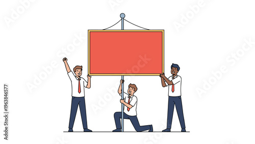 Group of three professional men in white shirts and ties holding up a large empty red banner for custom message placement and promotion.