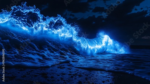 Glowing ocean wave at night dramatic illuminated waterscape illustration