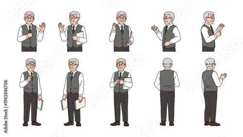 Senior businessman in a formal vest shown in various poses including gesturing, talking, holding documents, and thinking during work.
