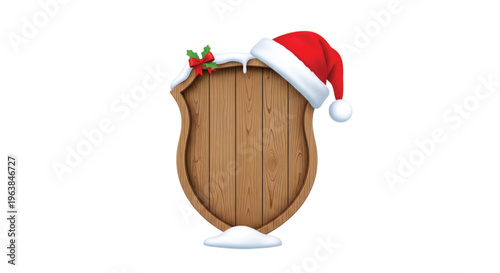 Festive wooden shield adorned with a Santa hat and snow, perfect for holiday greetings and winter-themed designs