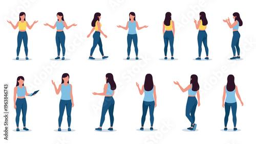Female character in various active poses and perspectives wearing blue leggings and yellow or light blue sports tops.