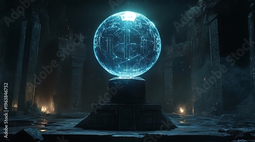 Glowing orb display in a dark chamber environment digital concept