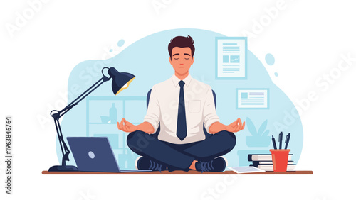 Businessman practicing mindfulness and meditation while sitting in lotus position at his office desk with laptop.