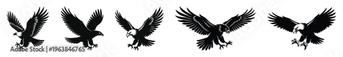 Flying eagle silhouette set, powerful eagle with spread wings collection, predatory bird attack pose vector illustration, black eagle logo emblem tattoo design wildlife symbol