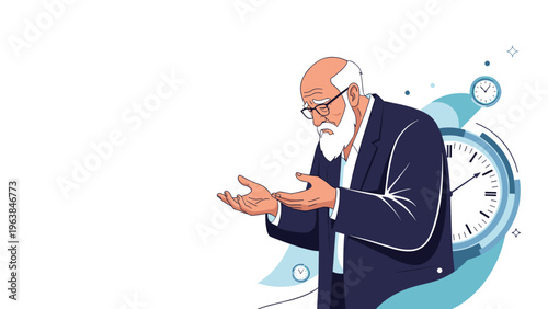 Sad senior man with white beard looking down at his empty hands with floating clocks suggesting time and memory loss.