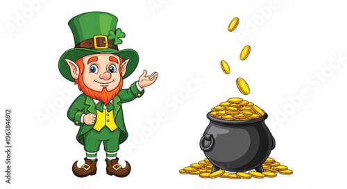 Charming green-clad character next to a magical pot overflowing with golden coins, depicting a cheerful scene of luck, wealth, and festive celebration