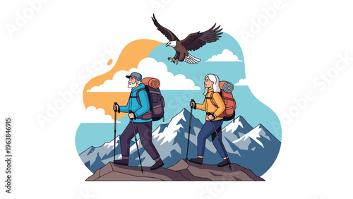 Senior couple with backpacks hiking in high mountains with trekking poles while a large eagle flies overhead.