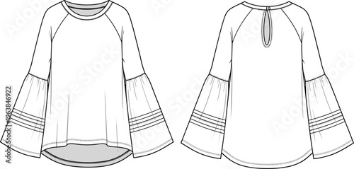 Women bell sleeve blouse technical drawing front back view, loose fit tunic top apparel template, fashion design vector illustration