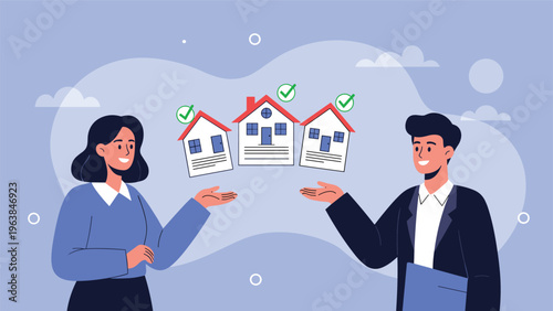 Real estate agent and client discussing property options with three house illustrations and green checkmark symbols.