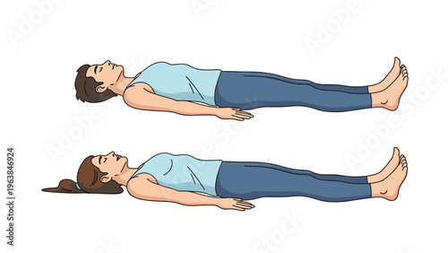 Illustration of a man and a woman practicing yoga in corpse pose or savasana lying flat on their backs on white background.