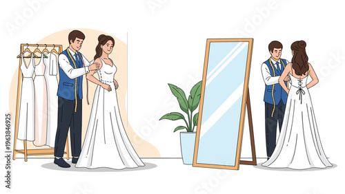 Fashion designer or tailor fitting a white wedding gown on a beautiful bride in a professional bridal boutique.