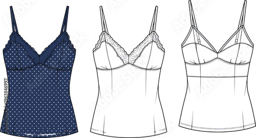 women camisole top mockup, lace trim strap design, front view variations, lingerie apparel template, realistic clothing garment illustration set