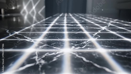 Geometric light patterns on luxurious black marble floor surface