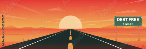 Debt free road concept at sunset, long highway to financial freedom with distance sign, inspirational money and finance illustration