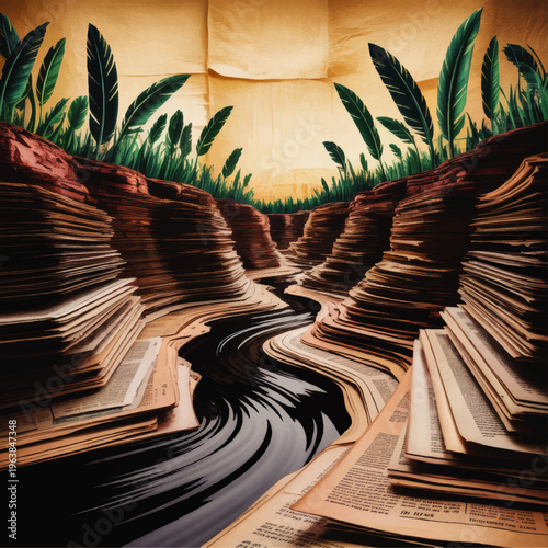 Surreal canyon of stacked vintage book pages with winding ink river and tropical leaves, conceptual literary landscape illustration