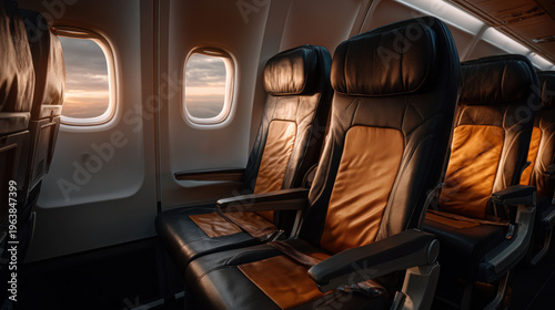 Wallpaper Mural Empty airplane seat leather cabin interior sunset glow over wing window, spacious row with armrest and seatbelt, clean travel environment and soft warm light Torontodigital.ca