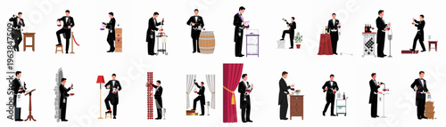 Elegant Collection of Sommelier Illustrations Performing Professional Wine Service Tasks in Formal Attire