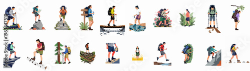 Large collection of diverse hikers in various outdoor adventure scenarios, featuring male and female characters with trekking gear, backpacks, and nature backgrounds.
