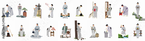 Set of flat illustrations depicting Japanese men and women in traditional kimono performing cultural activities such as tea ceremonies, bonsai pruning, and zen gardening.