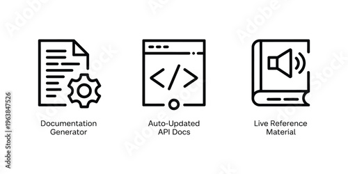 API documentation icon vector set, paper, code, and book symbols for documentation generator, auto-updated developer docs, live reference material, and software development tools