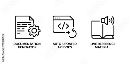 API documentation icon vector set, paper, code, and book symbols for documentation generator, auto-updated developer docs, live reference material, and software development tools